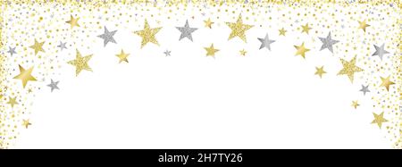 Christmas decoration festive border with golden falling glitter stars and confetti. Happy New Year or Xmas background with vector gold and silver star Stock Vector