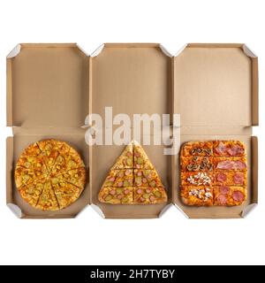 Three pizza boxes of round, triangular and square shape. Conceptual photo based on the famous TV series The Squid Game. Stock Photo