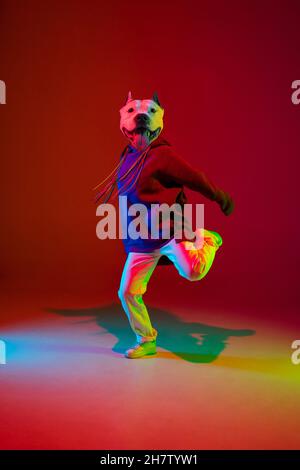 Art collage. Young woman, hip hop dancer headed of dog's head dancing  isolated over gradient background. Inspiration, idea, street dance style  Stock Photo - Alamy