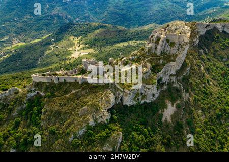 Aerial shot of the Cathar medieval castle Peyrepertuse in south of France Stock Photo