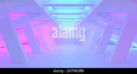 Empty Garage Factory Stage Room. Abstract Architecture Futuristic Urban Tunnel Corridor Background. Large Hall Hangar Arcjitectural Interior Backdrop Stock Photo
