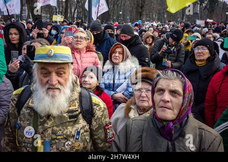 KYIV, UKRAINE - Nov. 24, 2021: Several hundred people protest against coronavirus restrictions and mandatory vaccinations. Stock Photo