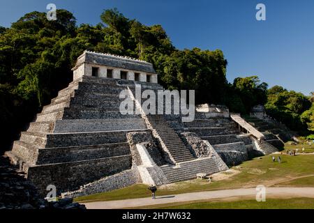 Temple of the Inscriptions at Palenque, Chiapas, Mexioc is an ancient Mayan pre-columbian building and tomb of funerary monument of Hanab-Paka Stock Photo