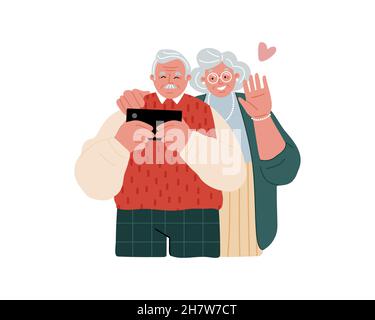 Grandfather holding a cell phone, grandmother waving. Joyful senior people with mobile gadgets. Video calls through the phone. Stock Vector
