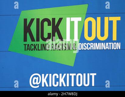 File photo dated 18-08-2019 of General view of the Kick It Out painted signage on the stadium wall during the Premier League match at Stamford Bridge, London. Anti-discrimination body Kick It Out praised the proposal requiring clubs to produce effective equality, diversity and inclusion (EDI) plans as a condition of being licensed by the new regulator, although it called on clubs to act immediately. Issue date: Thursday November 25, 2021. Stock Photo