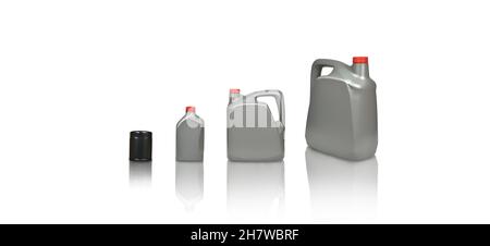 Grey gallon and a car oil filter are isolated on white background with clipping path Stock Photo