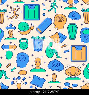 Bipolar disorder seamless pattern in colored line style. Mental illness repeatable background. Vector illustration. Stock Vector