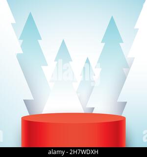 Red cylinder stage, standing on snowy forest background. Winter holidays vector background with Christmas trees and round pedestal, with empty space. Stock Vector