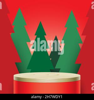 Red cylinder stage with wooden cover, standing on green forest background. Winter holidays vector background with Christmas trees and round pedestal, with empty space. Stock Vector