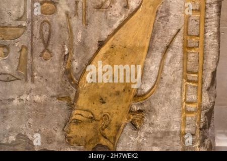 Egyptian painted bas relief close up detail Stock Photo