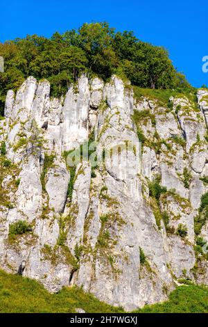 Crown rocks - Skaly Koronne - Jurassic limestone mountain massif with Glove Rock - Rekawica - in Pradnik creek valley of Cracow-Czestochowa upland in Stock Photo