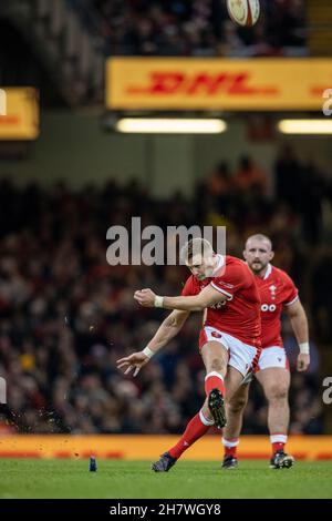 Dan Biggar, Welsh fly half, takes a penalty kick in the 65th minute of the game taking the score to 26-20 in favour of the home team. Stock Photo