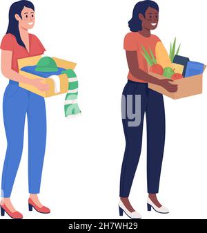 Woman with box semi flat color vector characters set Stock Vector