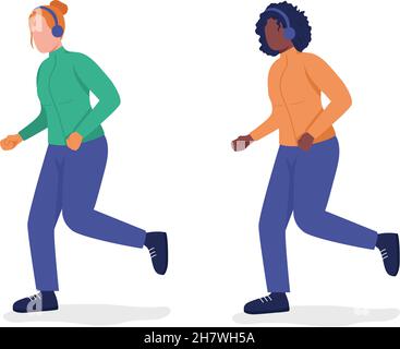 Women running in winter semi flat color vector character set Stock Vector