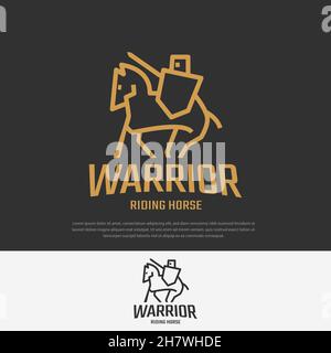 Warrior logo riding a war horse, line style illustration Design template, symbol, icon Stock Vector