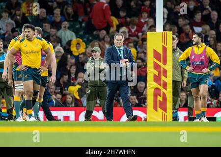 Wallabies coach, Dave Rennie, during the warm up before the Autumn INternational between Australia and Wales in Cardiff. Stock Photo
