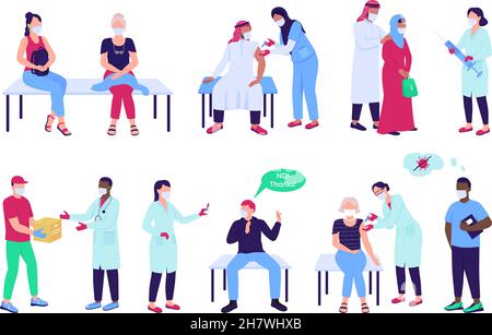 Vaccination semi flat color vector character set Stock Vector