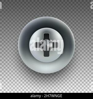 Cap, screw head with a transverse slot. Metal self-tapping screw. Close-up top view. Realistic 3D style. Transparent background. Vector. Stock Vector