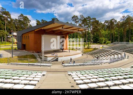 Augustow, Poland - June 1, 2021: Open air amphitheater performance stage on shore of Necko lake in Masuria lake district resort town of Augustow in Po Stock Photo