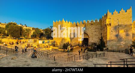 Jerusalem, Israel - October 13, 2017: Damascus Gate of ancient Old City walls leading to bazaar marketplace of Muslim Quarter of Jerusalem Stock Photo