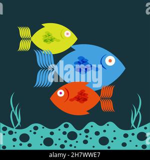 Colourful Fish swimming vector illustration on a dark blue seabed background. Stock Vector