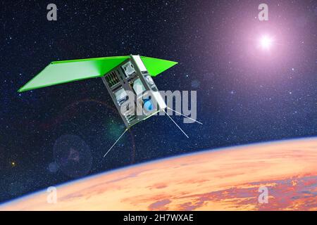 Space communications satellite in orbit around the Earth. Elements of this image furnished by NASA. Stock Photo
