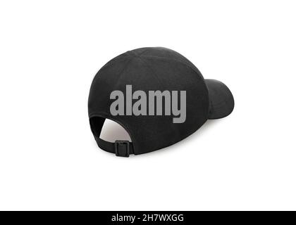 Black baseball cap isolated on white background. Baseball cap in angles view front and back. Canvas fabric cap for premium gift design Stock Photo