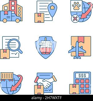 International logistics business RGB color icons set Stock Vector