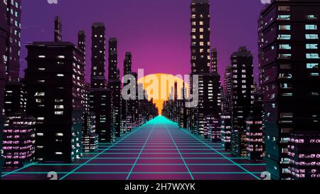 Vaporwave Cyberpank City Background With Road Houses Big Sun And Sunset On Horizon Neon Light 3d Illustration 3d Rendering Stock Photo Alamy