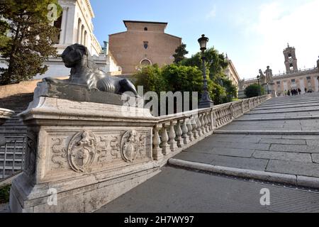 Italy, Rome, Capitoline Hill, Egyptian lion, church of Santa Maria in Ara Coeli, Cordonata and Campidoglio Stock Photo