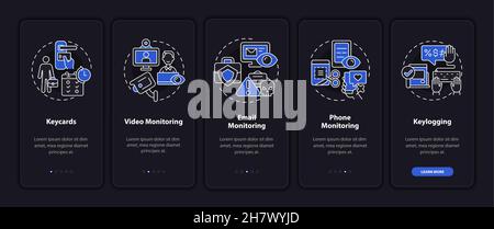 Types of employee monitoring dark onboarding mobile app page screen Stock Vector