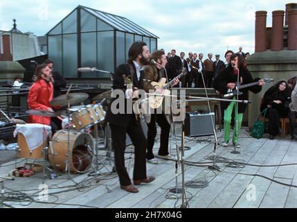 The Beatles' rooftop concert. John Lennon, Paul McCartney, George Harrison and Ringo Starr Stock Photo