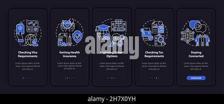 Things to consider when moving dark onboarding mobile app page screen Stock Vector