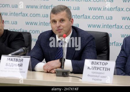 KYIV, UKRAINE - NOVEMBER 25, 2021 - Deputy Minister of Youth and Sports of Ukraine Matvii Bidnyi is pictured during a press conference after Ukraine w Stock Photo
