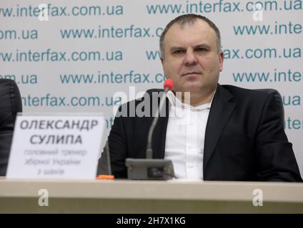 KYIV, UKRAINE - NOVEMBER 25, 2021 -  Ukraine's head coach Oleksandr Sulypa attends a press conference after Ukraine won its first European title at th Stock Photo