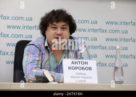 KYIV, UKRAINE - NOVEMBER 25, 2021 - Team Ukraine member Anton Korobov is pictured during a press conference after Ukraine won its first European title Stock Photo
