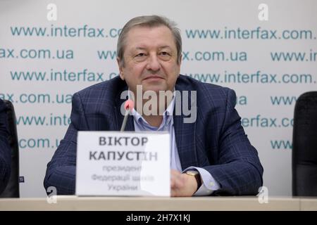 KYIV, UKRAINE - NOVEMBER 25, 2021 - President of the Ukrainian Chess Federation Viktor Kapustin attends a press conference after Ukraine won its first Stock Photo