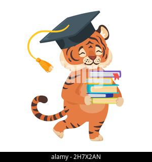 tiger student holding books with graduate cap. Stock Vector