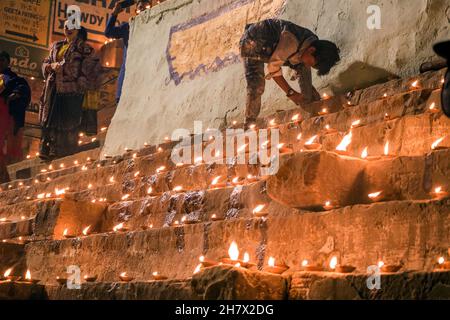 Ghats of Varanasi decorated and light up with small earthen lamps during Dev Diwali Festival at the ghats of Ganges in Varanasi. Stock Photo