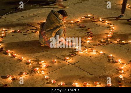 Ghats of Varanasi decorated and light up with small earthen lamps during Dev Diwali Festival at the ghats of Ganges in Varanasi. Stock Photo