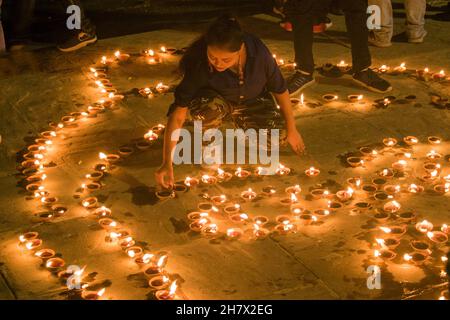 Ghats of Varanasi decorated and light up with small earthen lamps during Dev Diwali Festival at the ghats of Ganges in Varanasi. Stock Photo