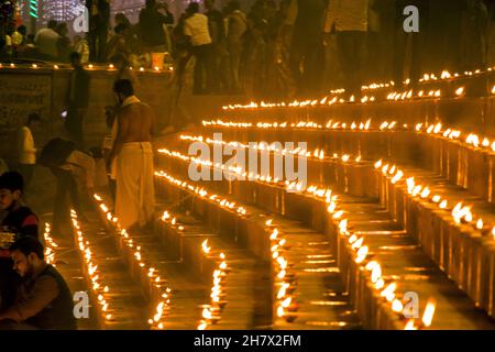 Ghats of Varanasi decorated and light up with small earthen lamps during Dev Diwali Festival at the ghats of Ganges in Varanasi. Stock Photo