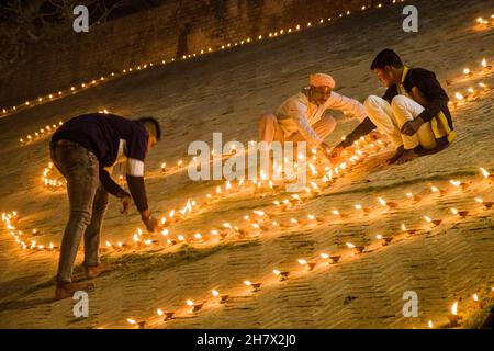 Ghats of Varanasi decorated and light up with small earthen lamps during Dev Diwali Festival at the ghats of Ganges in Varanasi. Stock Photo