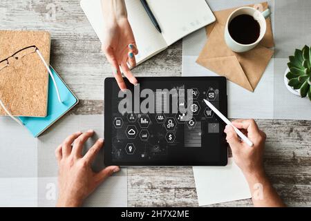 Business and technology concept. Virtual control panel on device screen. Stock Photo