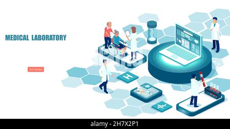 Isometric vector landing page of a laboratory or chemical lab for medical research with patients and doctors Stock Vector