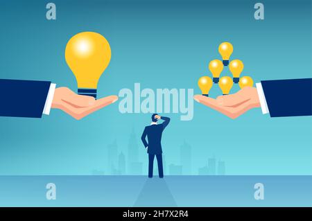 Vector of a businessman thinking making a choice one big idea vs many small ideas light bulbs Stock Vector