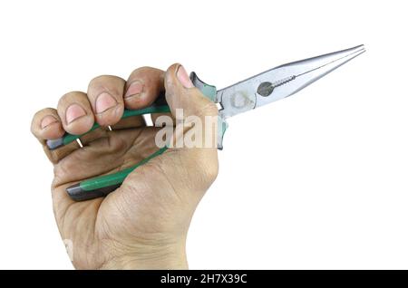 Hand with pliers, isolated on white Stock Photo