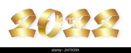 2022 new year banner. Golden ribbon numeral text calligraphy. Abstract gold 3d greeting header isolated on white background. Christmas time poster template. Winter holiday concept vector illustration Stock Vector