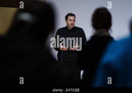 Berlin, Germany. 25th Nov, 2021. International Day of the Elimination of Violence against Women. Saskia Esken, Lars Klingbeil and Ulrike Häfner raise a flag in front of the Willy-Brand-Haus in Berlin, on November 25, 2021. (Photo by Ralph Pache/PRESSCOV/Sipa USA) Credit: Sipa USA/Alamy Live News Stock Photo