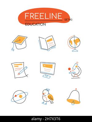 Education - modern colorful line design style icons set on white background. Detailed isolated images in orange color. School set of supplies - globe, Stock Vector